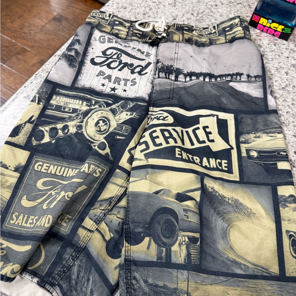 Ford Black and Cream Elastic Waist Swim Shorts